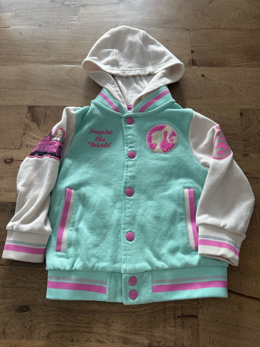 Barbie collection varsity Mint White Hooded varsity Jacket Pink Accents sz 4